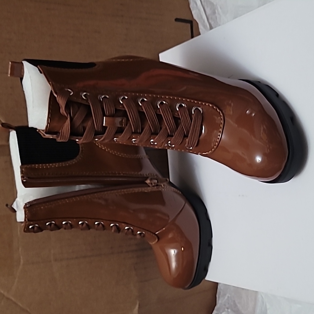Cognac Boots Zip Up Chunky heel Size 6M Women's New - Picture 4 of 7